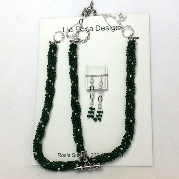 FINAL SALE PRICE Dark Forest Green & White Handmade Jewelry Set - Picture 1 of 6
